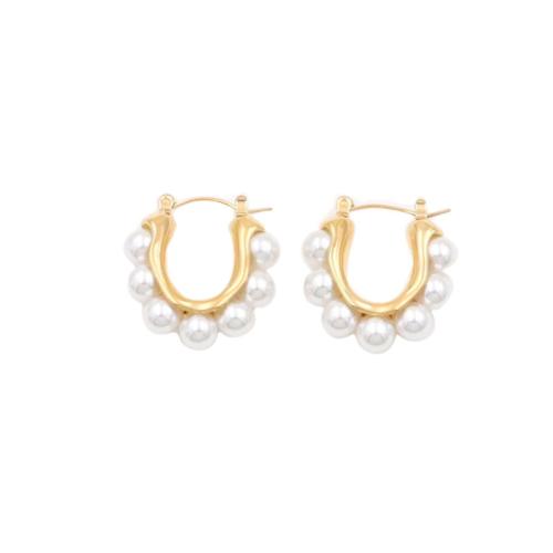 304 roestvrij staal Hendel weer Earring, met Plastic Pearl, Letter U, gold plated, mode sieraden & voor vrouw, 24x26mm, Verkocht door pair