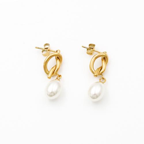 Titanium Staal Drop Earring, met Plastic Pearl, gold plated, mode sieraden & voor vrouw & hol, 16.80mm, Verkocht door pair