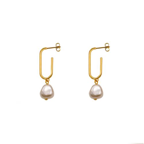 Titanium Staal Drop Earring, met Plastic Pearl, Geometrisch Patroon, gold plated, mode sieraden & voor vrouw, 10x41mm, Verkocht door pair