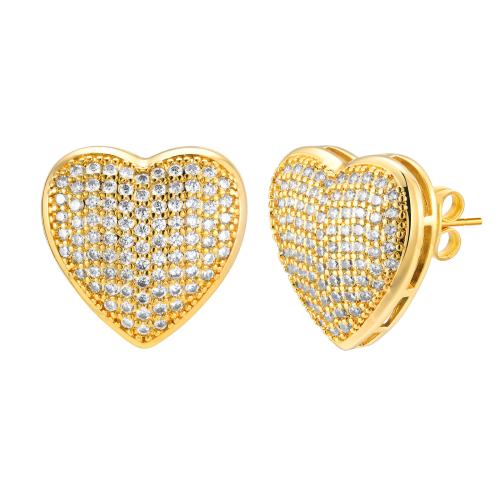 Brass Stud Earring Heart 18K gold plated fashion jewelry & for woman & with rhinestone golden 20mm Sold By Pair