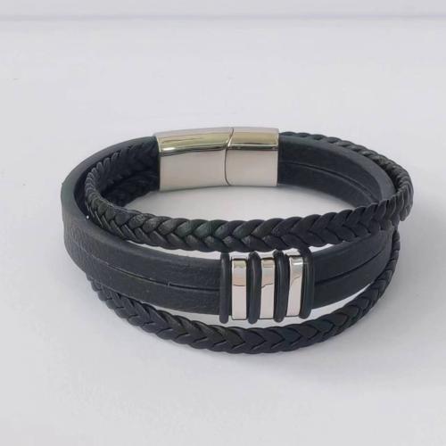 Pulseras de Cordón de PU, Cuero de PU, con acero inoxidable 304, Joyería & longitud diferente para la opción & para hombre, Negro, Vendido por UD