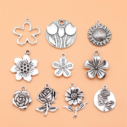 Sinc Alloy Flower Pendants, dath airgid antique plátáilte, DIY, 10ríomhairí pearsanta/Socraigh, Díolta De réir Socraigh