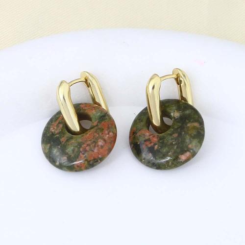 Pendientes de Palanca Hacia Atrás en Latón, metal, con chips de piedras preciosas, chapado en color dorado, para mujer, libre de níquel, plomo & cadmio, 24.50x18.20x5.30mm, Vendido por Par