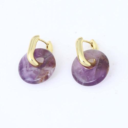 Ottone Leverback Orecchini, with Chips Gemstone, Cerchio, placcato color oro, per la donna, viola, assenza di nichel,piombo&cadmio, 41.30x11.40x7.60mm, Venduto da coppia