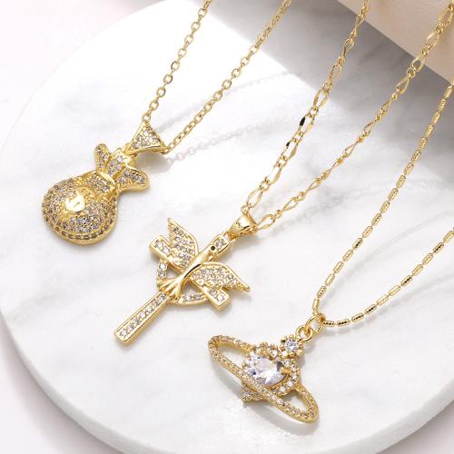 Cubic Zircon Micro Pave Brass Necklace gold color plated fashion jewelry & micro pave cubic zirconia gold nickel lead & cadmium free Sold By PC