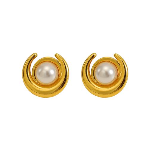 Roestvrij staal Stud Earrings, 304 roestvrij staal, met Plastic Pearl, Maan, 18K verguld, mode sieraden & voor vrouw, 15x16mm, Verkocht door pair