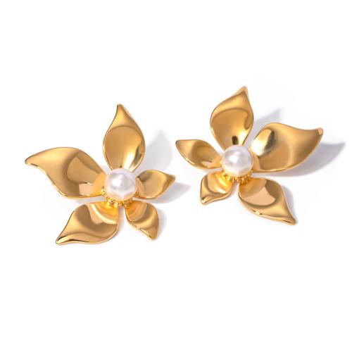 Roestvrij staal Stud Earrings, 304 roestvrij staal, met Plastic Pearl, Bloemblaadjes, plated, voor vrouw, gouden, Verkocht door pair