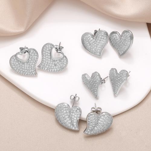 Cubic Zirconia Micro Pave Brass Earring Heart silver color plated fashion jewelry & micro pave cubic zirconia silver color nickel lead & cadmium free Sold By Pair