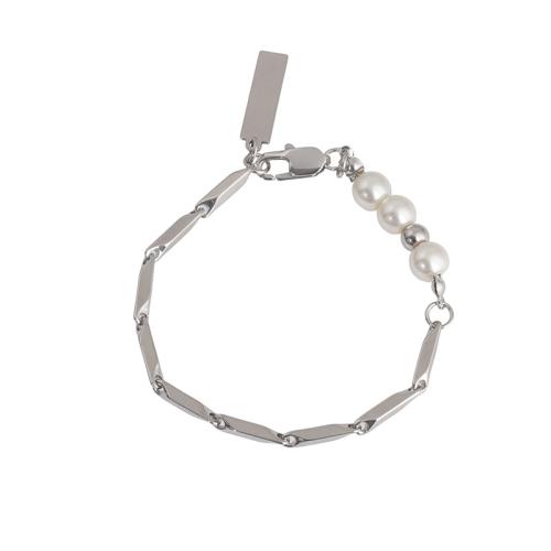 Stainless Steel Jewelry Bracelet 304 Stainless Steel with Glass Pearl with 5CM extender chain plated for woman silver color Length Approx 16.5 cm Sold By PC