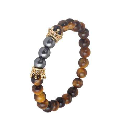 Gemstone Armbånd, Messing, med strygejern Rock & Lava & Tiger Eye & Impression Jasper, forgyldt, forskellige materialer til valg & Unisex & Micro Pave cubic zirconia, flere farver til valg, Længde Ca. 18 cm, Solgt af PC