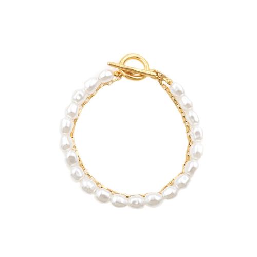 304 roestvrij staal Armband, met Plastic Pearl, gold plated, Dubbele laag & mode sieraden & voor vrouw, Lengte Ca 6.3 inch, Verkocht door PC