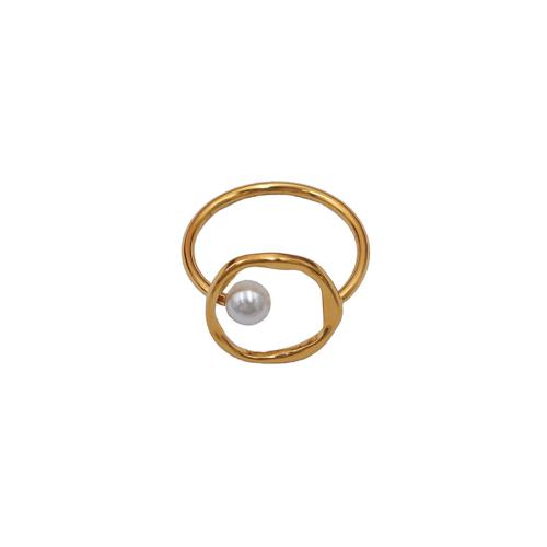 304 roestvrij staal Finger Ring, met Plastic Pearl, Geometrisch Patroon, gold plated, voor vrouw & hol, Maat:8, Verkocht door PC