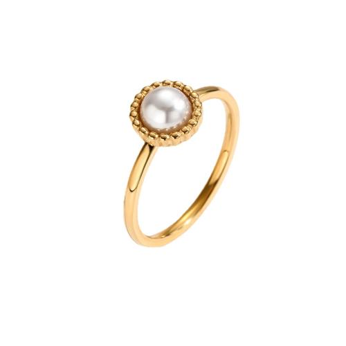 Titanium Staal Finger Ring, met Plastic Pearl, gold plated, verschillende grootte voor keus & voor vrouw, Maat:6-9, Verkocht door PC