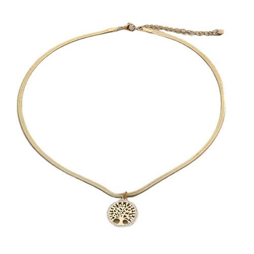 Titanium Staal Halsketting, met 2inch extender keten, Tree of Life, gold plated, slang keten & voor vrouw & met strass, Lengte Ca 15.7 inch, Verkocht door PC