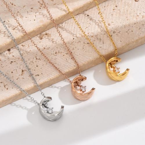 Acier titane collier, avec 2inch chaînes de rallonge, lune, Placage, pour femme & avec strass, plus de couleurs à choisir, Longueur Environ 15.7 pouce, Vendu par PC