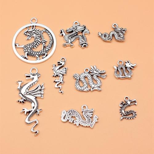 Sinc Alloy Pendants Ainmhithe, Dragon, dath airgid antique plátáilte, DIY, 9ríomhairí pearsanta/Socraigh, Díolta De réir Socraigh