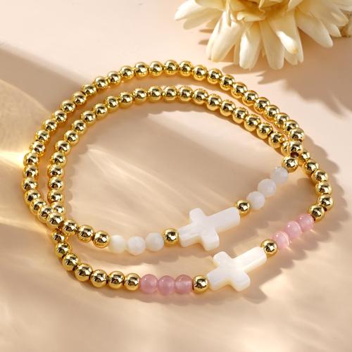 Brass Bracelet with White Lip Shell & Gemstone Chips Cross gold color plated for woman Length 17.5 cm Sold By PC