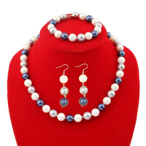 Shell Pearl Κοσμήματα Set, τρία κομμάτια & κοσμήματα μόδας, μικτά χρώματα, Bead size: 10mm, bracelet length: 19cm, necklace length: 45cm, Sold Με Ορισμός