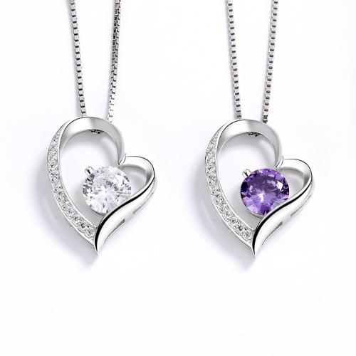 Kubieke Zircon Micro effenen Sterling zilveren ketting, 925 Sterling Zilver, Hart, micro pave zirconia & voor vrouw, meer kleuren voor de keuze, Lengte Ca 41-50 cm, Verkocht door PC