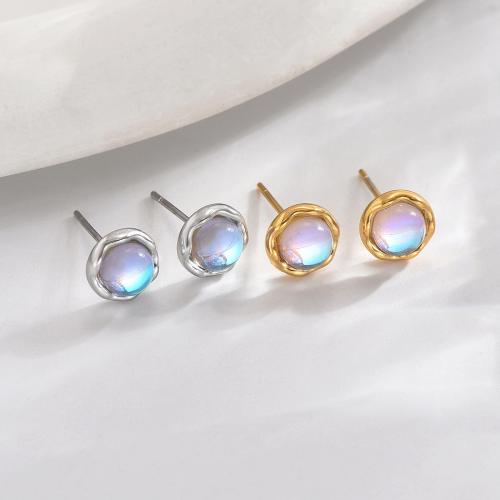 Titanium ocel Stud náušnice, s Moonstone, módní šperky & pro ženy, více barev na výběr, 6mm, Prodáno By Pair