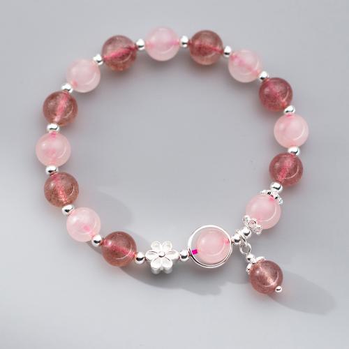 Strawberry Quartz Armband, mit 925er Sterling Silber & Rosenquarz, Blume, Modeschmuck & für Frau, Länge ca. 5.9-9.4 ZollInch, verkauft von PC