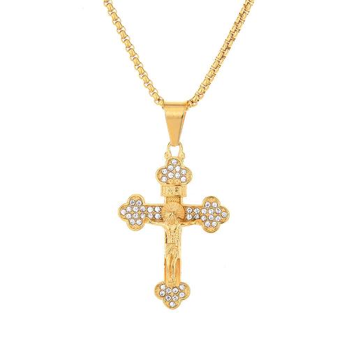 Pendants Cruach Cross dhosmálta, 316 Cruach dhosmálta, jewelry faisin & unisex & le rhinestone, órga, 33x50mm, Díolta De réir PC