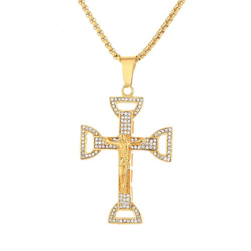 Pendants Cruach Cross dhosmálta, 316 Cruach dhosmálta, jewelry faisin & unisex & le rhinestone, órga, 38x57mm, Díolta De réir PC