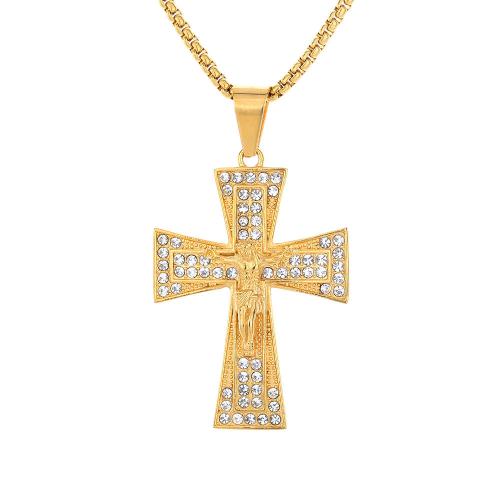 Pendants Cruach Cross dhosmálta, 316 Cruach dhosmálta, jewelry faisin & unisex & le rhinestone, órga, 37x54mm, Díolta De réir PC