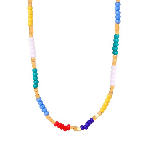 Collier d'acier titane, avec Seedbead, avec 8cm chaînes de rallonge, Plaqué or 18K, bijoux de mode & pour femme, multicolore, Longueur Environ 40 cm, Vendu par PC