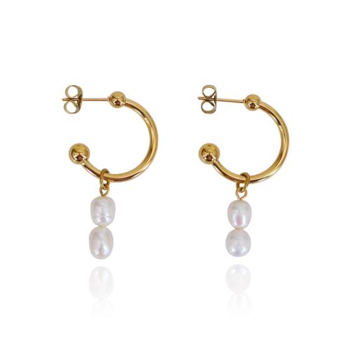 Titanium Steel  Earring with Freshwater Pearl plated & for woman golden Sold By Pair