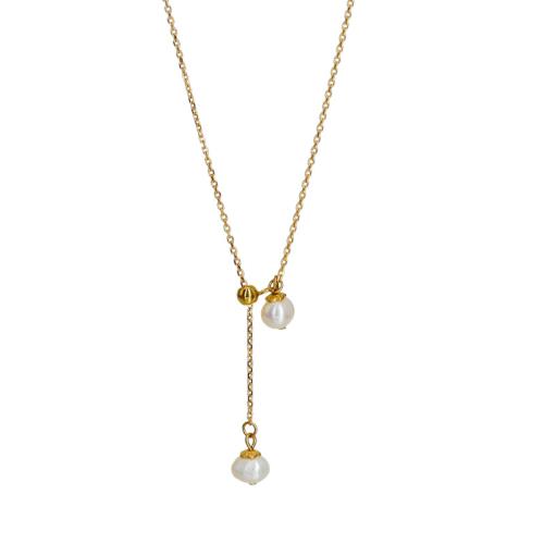 Colar de aço titânio, Partículas de aço, with Pérolas de água doce, with 5cm extender chain, para mulher, dourado, comprimento 43 cm, vendido por PC