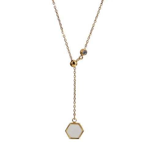 Colar de aço titânio, Partículas de aço, with concha branca, with 5cm extender chain, para mulher & com strass, dourado, comprimento 43 cm, vendido por PC