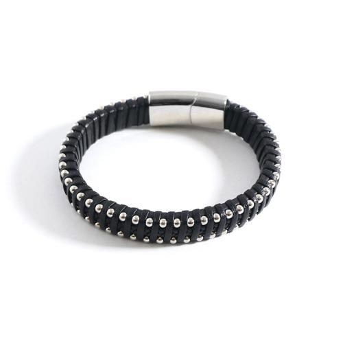 Pulseras de Cordón de PU, acero inoxidable 304, con cordón de cuero, diferentes estilos para la opción & para hombre, Negro, Vendido por UD