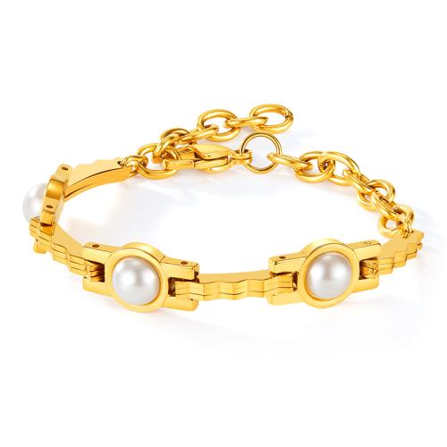 Roestvrij staal armbanden, 304 roestvrij staal, met Plastic Pearl, plated, voor vrouw, gouden, Verkocht door PC