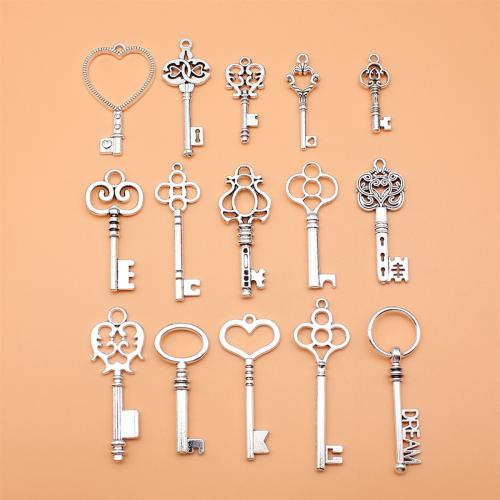 Ciondoli a chiave in lega di zinco, lega in zinco, placcato argento antico, DIY, 15PC/set, Venduto da set