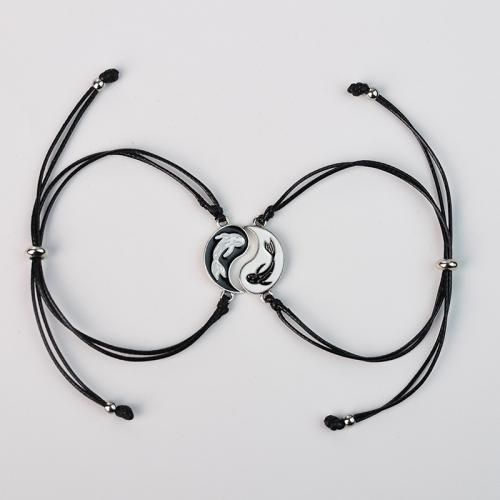 Casal pulseira e bracelete, liga de zinco, with Fio de cera, feito à mão, 2 peças & unissex & esmalte, branco e preto, comprimento 16 cm, vendido por PC