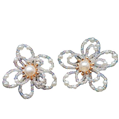 Perlas plásticas Pendiente Clip, con Cristal, Flor, Joyería & diferentes estilos para la opción & para mujer, Blanco, 60mm, Vendido por Par