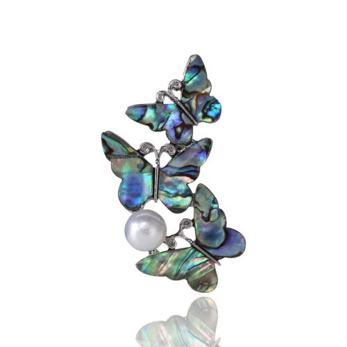 Zinklegering broches, Zinc Alloy, met Abalone Schelp & Plastic Pearl, Vlinder, silver plated, voor vrouw, nikkel, lood en cadmium vrij, 26x43mm, Verkocht door PC