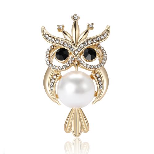 Zinc Alloy Brocher, med Plastic Pearl, Owl, forgyldt, for kvinde & med rhinestone, flere farver til valg, nikkel, bly & cadmium fri, 21x38mm, Solgt af PC