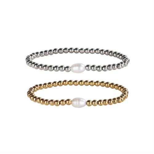 Stainless Steel Jewelry Bracelet 304 Stainless Steel with Freshwater Pearl plated fashion jewelry & for woman Length Approx 17.5 cm Sold By PC