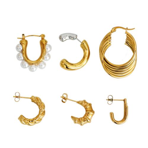 Titanium Steel  Earring with Plastic Pearl plated & for woman golden Sold By Pair