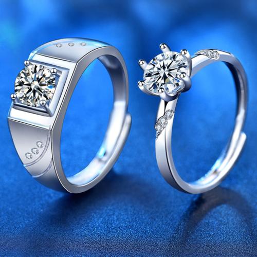 925 Sterling Silver Couple Ring with Moissanite Geometrical Pattern platinum plated adjustable & for couple Sold By PC