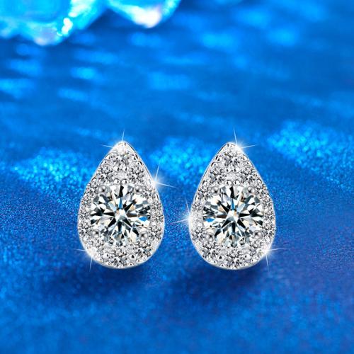 925 sterling zilver Stud Earring, met Moissanite, Traan, geplatineerd, mode sieraden & voor vrouw, 7.60x10.60mm, Verkocht door pair