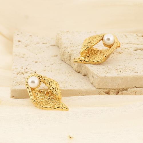 Titanium Steel  Earring with Plastic Pearl gold color plated & for woman Sold By Pair