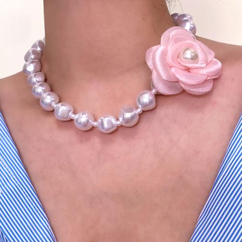 Blås Collier, Mässing, med Duk & Plast Pearl, Blomma, guldfärg pläterade, för kvinna, rosa, Längd 50 cm, Säljs av PC