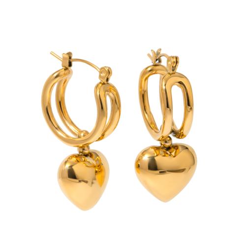 Acier inoxydable Levier Retour Earring, Acier inoxydable 304, coeur, Plaqué or 18K, bijoux de mode & pour femme, 35x15mm, Vendu par paire