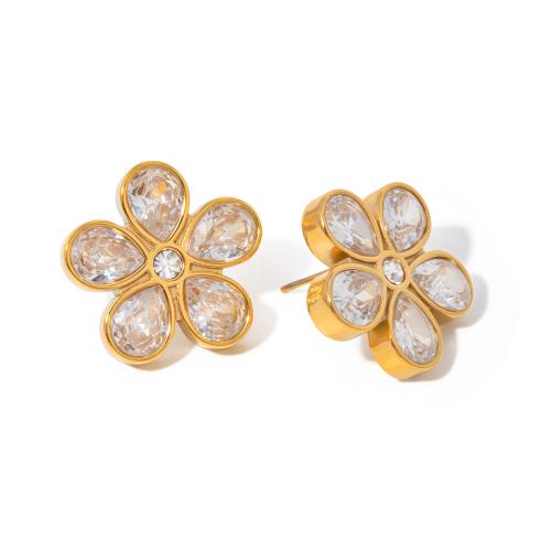 Cruach dhosmálta Graí Earrings, 304 Cruach dhosmálta, le Ciúbach Zirconia, Flower, 18K ór plátáilte, jewelry faisin & do bhean, 21.50x21.50mm, Díolta De réir Péire