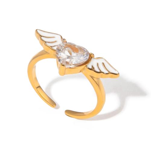 Cubic Zirconia Stainless Steel Finger Ring 304 Stainless Steel with Cubic Zirconia Angel Wing 18K gold plated fashion jewelry & for woman Sold By PC