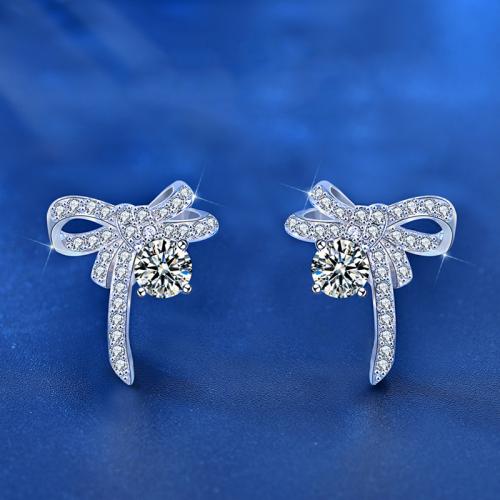 925 Sterling Sølv Stud Earring, med Moissanite (Moissanite), Bowknot, platineret, Koreansk stil & for kvinde, 12x18mm, Solgt af par