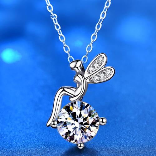 925 de prata esterlina colar, with Moissanite, with 2inch extender chain, Fada, platinado, para mulher, comprimento Aprox 15.7 inchaltura, vendido por PC